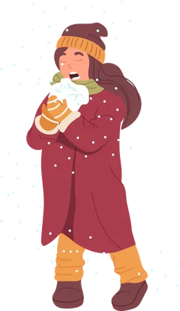 Cute toddler girl eating snowball enjoying winter  Illustration