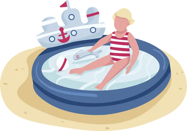 Cute Toddler Playing With Toys In Inflatable Pool Flat Color Vector Faceless Character Kid Beach Activity Summer Entertainment Isolated Cartoon Illustration For Web Graphic Design And Animation Illustration