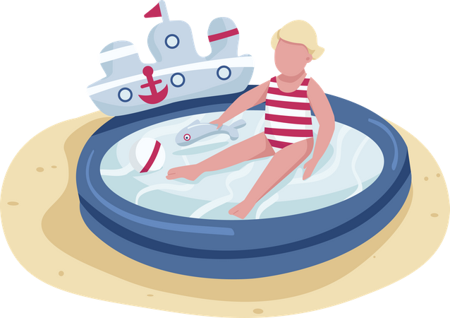 Cute toddler playing with toys in inflatable pool  Illustration