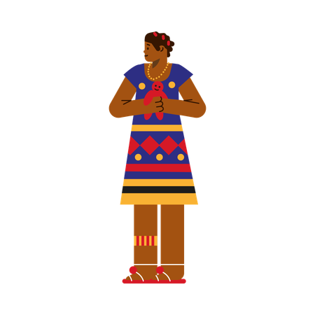 Cute tribal African kid girl hugging toy  Illustration