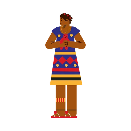 Cute tribal African kid girl hugging toy  Illustration