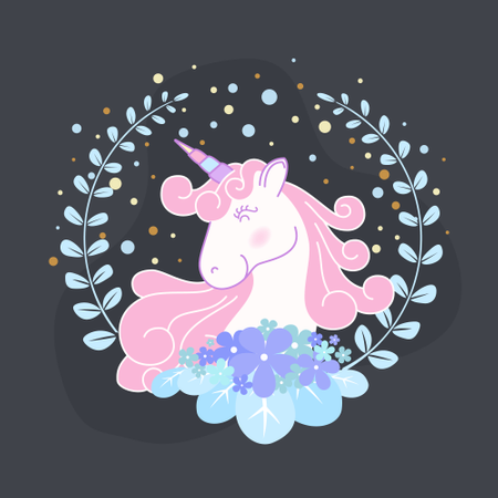 Cute unicorn and flower wreath  Illustration