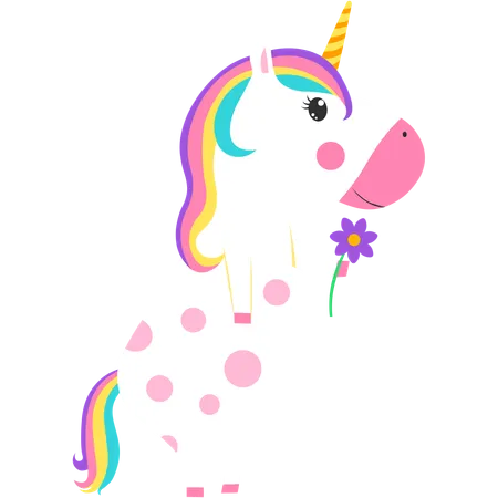 Cute unicorn standing on two legs with flower  Illustration