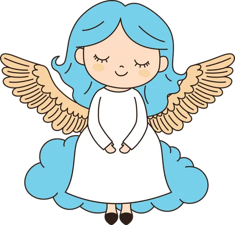 Cute Winged Little Girl Angel with Cloud in the Sky  Illustration