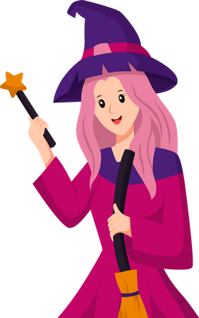Cute Witch with Magic Wand  Illustration