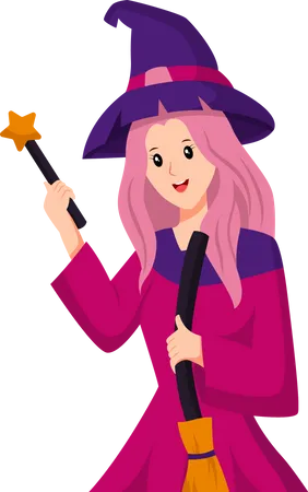 Cute Witch with Magic Wand  Illustration