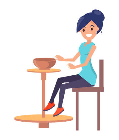 Cute Woman Creating  Clay Bowl  Illustration