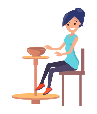 Cute Woman Creating  Clay Bowl  Illustration