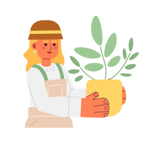 Cute Blonde Woman Holding Houseplant Semi Flat Color Vector Character Editable Half Body Girl Taking Care Of Plant On White Simple Cartoon Spot Illustration For Web Graphic Design Illustration