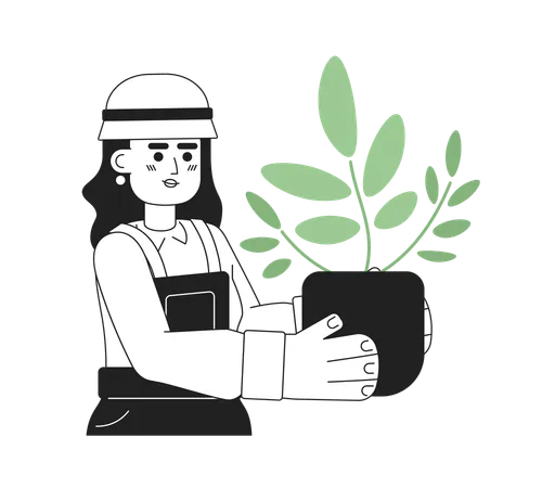 Cute Blonde Woman Holding Houseplant Monochromatic Flat Vector Character Editable Thin Line Half Body Girl Taking Care Of Plant On White Simple Bw Cartoon Spot Image For Web Graphic Design Illustration