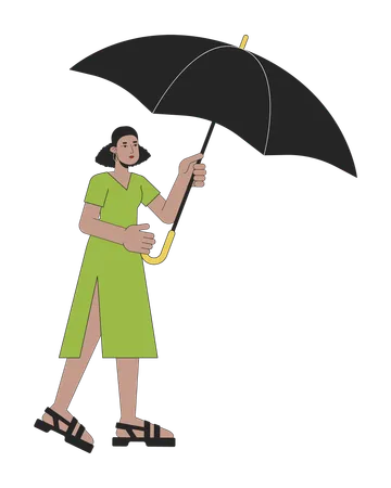 Cute Woman Holding Opened Umbrella Flat Line Color Vector Character Editable Outline Full Body Person Covers From Bad Weather On White Simple Cartoon Spot Illustration For Web Graphic Design Illustration