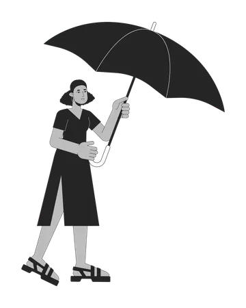 Cute Woman Holding Opened Umbrella Flat Line Black White Vector Character Editable Outline Full Body Person Covers From Bad Weather Simple Cartoon Isolated Spot Illustration For Web Graphic Design Illustration