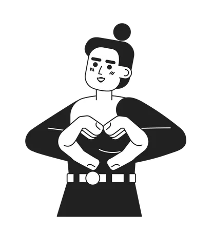 Hands Gesture Monochromatic Flat Vector Character Cute Woman Showing Heart Sign Share Love Smiling Editable Thin Line Half Body Person On White Simple Bw Cartoon Spot Image For Web Graphic Design Illustration