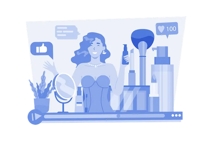 Cute woman vlogger making video of cosmetics review  Illustration