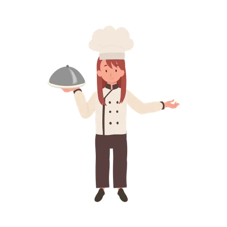 Cute Young Chef in Chef's Uniform Serving a Gourmet Meal with Welcome Sign  Illustration