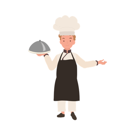 Cute Young Chef in Chef's Uniform Serving a Gourmet Meal with Welcome Sign  Illustration