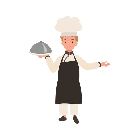 Cute Young Chef in Chef's Uniform Serving a Gourmet Meal with Welcome Sign  Illustration