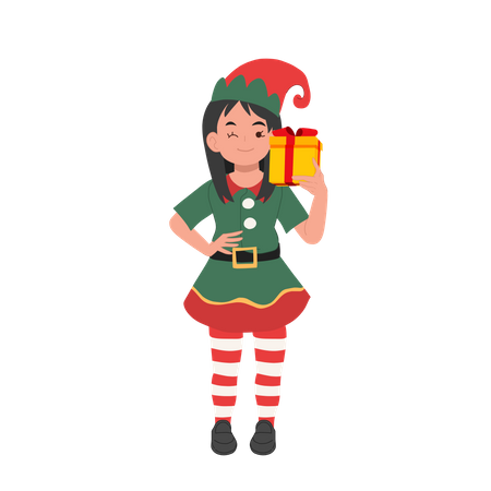 Cute young christmas elf girl with present box  Illustration