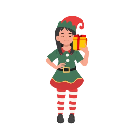 Cute Young Christmas Elf Girl With Present Box Vector Illustration Illustration