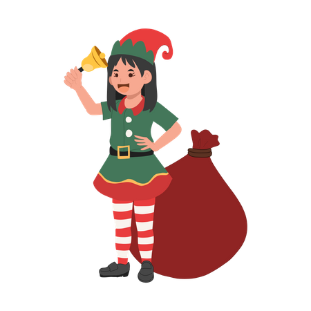 Cute Young christmas elf kid is ringing the bell  Illustration