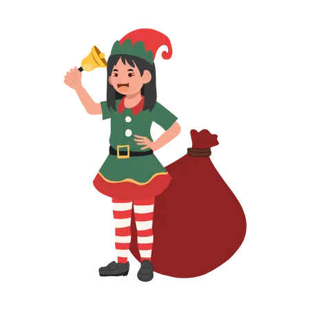 Cute Young christmas elf kid is ringing the bell  Illustration