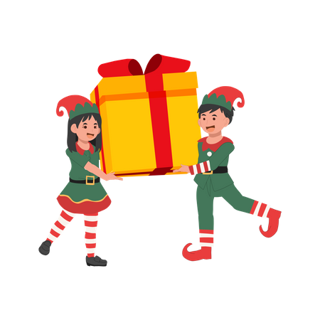 Cute young christmas elf kids with big present box,  Illustration