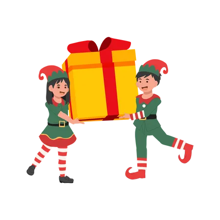 Cute young christmas elf kids with big present box,  Illustration
