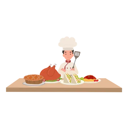 Cute young confident chef surrounded by gourmet dishes  Illustration