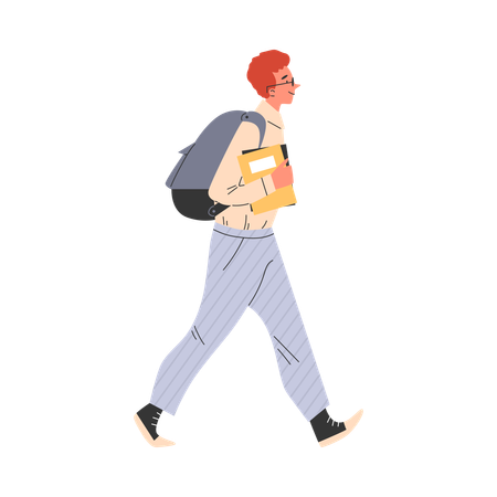 Cute young student boy in glasses holding book and going with backpack  Illustration
