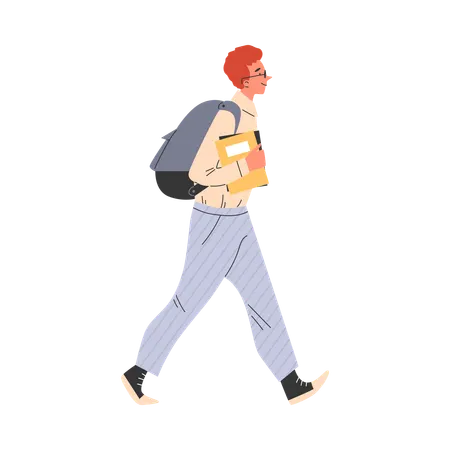 Cute young student boy in glasses holding book and going with backpack  Illustration