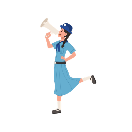 Cute Young Thai girl scout in uniform using megaphone, embodying leadership and communication skills  Illustration