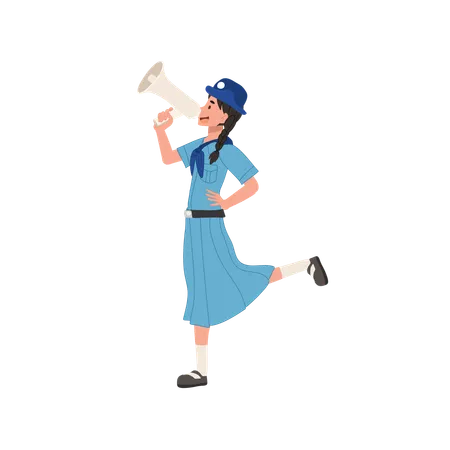 Cute Young Thai Girl Scout In Uniform Using Megaphone Embodying Leadership And Communication Skills Illustration