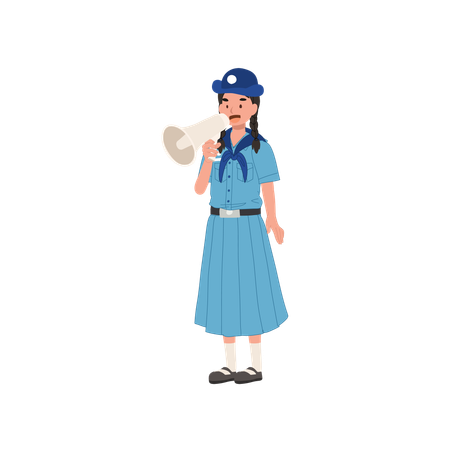 Cute Young Thai girl scout in uniform using megaphone, embodying leadership and communication skills  Illustration