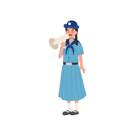 Cute Young Thai Girl Scout In Uniform Using Megaphone Embodying Leadership And Communication Skills Illustration