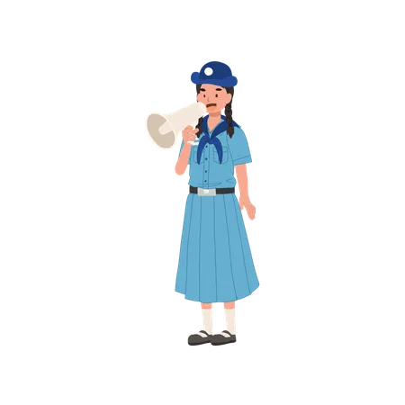 Cute Young Thai girl scout in uniform using megaphone, embodying leadership and communication skills  Illustration