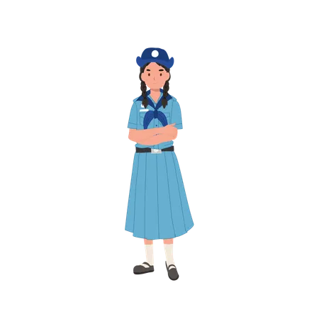Cute Young Thai Girl Scout In Uniform With Arm Crossed Posture Illustration
