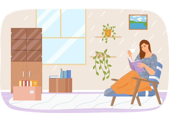 Cute young woman in chair reading book drinking tea  Illustration