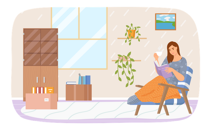Cute young woman in chair reading book drinking tea Illustration