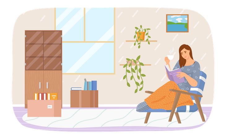 Cute young woman in chair reading book drinking tea  Illustration