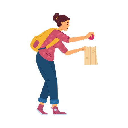 Cute young woman with package choosing fruits or vegetables at supermarket  Illustration