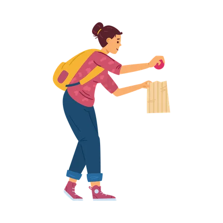 Cute young woman with package choosing fruits or vegetables at supermarket  Illustration