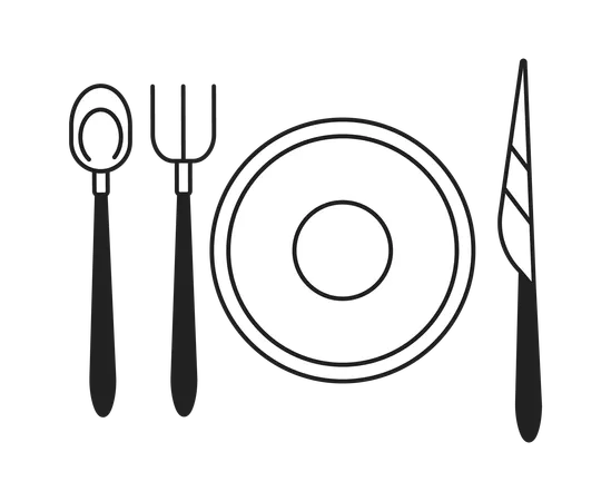 Cutlery Setting Black And White 2 D Cartoon Object Banquet Flatware Isolated Vector Outline Item Fork Knife Spoon With Plate Silverware Setting Weddings Utensil Monochromatic Flat Spot Illustration Illustration