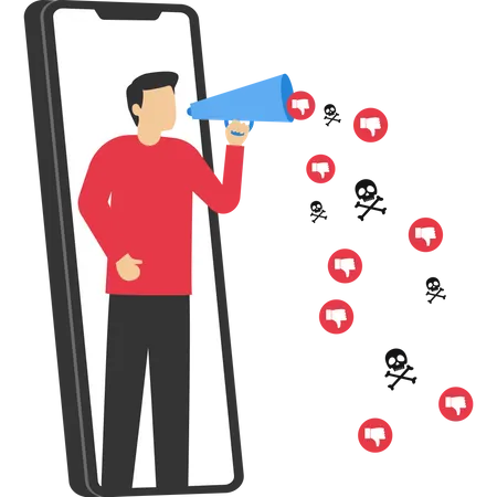 Cyber Bullying Concept Internet Hater Angry Social Media Dislike Or Negative Feedback Of Remote Job Angry Young Man From Cell Phone Screaming In Megaphone With Negative Thumbs Down Symbol Illustration