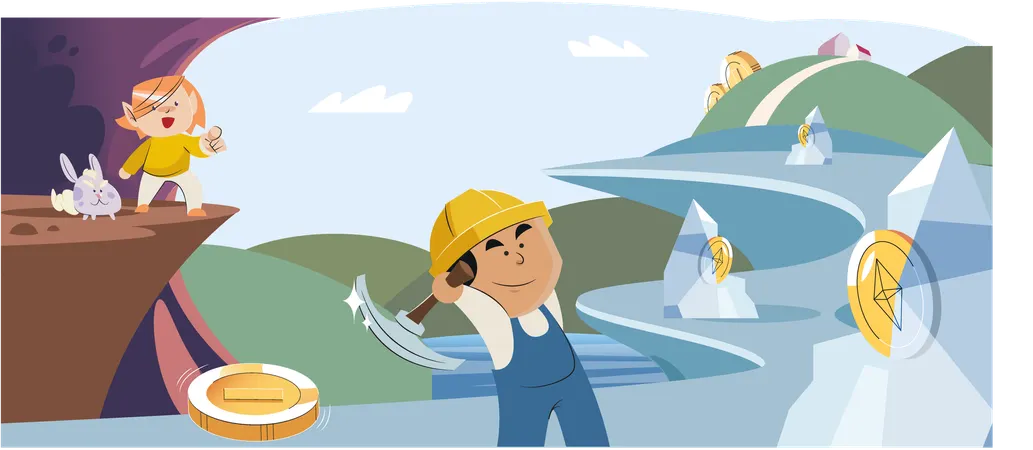 Cyber cartoon characters playing games to earn cryptocurrencies  Illustration