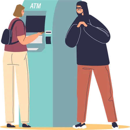 Cyber Criminal Stealing Personal Data Credit Card Password At Bank Atm Hacker Hacking Banking System For Money Financial Data Breach And Fraud Concept Flat Vector Illustration Illustration