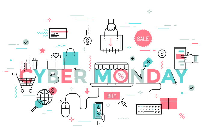 Cyber Monday Lettering With Online Purchase Internet Shopping Electronic Retail Sale And Discount Linear Symbols Modern Infographic Banner With Elements In Thin Line Style Vector Illustration Illustration