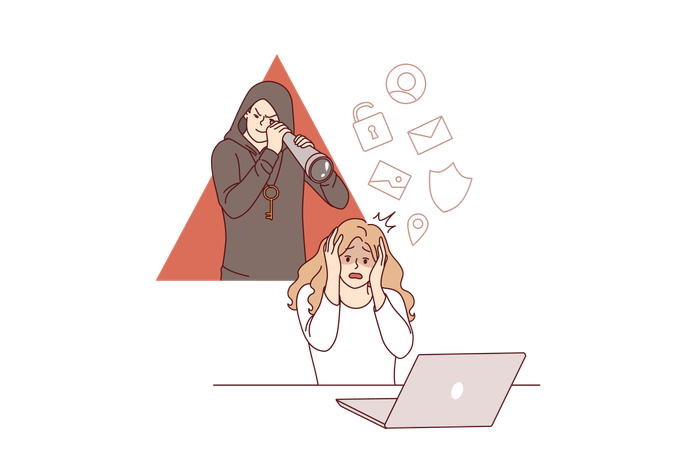 Perseguidor virtual segue mulher usando laptop  Ilustração