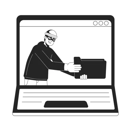 Cyber Thief Holding Folder Laptop Screen Bw Concept Vector Spot Illustration Stealing Data 2 D Cartoon Flat Line Monochromatic Character For Web UI Design Editable Isolated Outline Hero Image Illustration