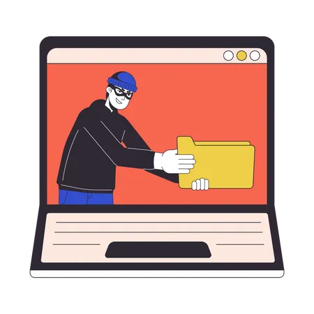 Cyber Thief Holding Folder Laptop Screen Flat Line Concept Vector Spot Illustration Stealing Data 2 D Cartoon Outline Object On White For Web UI Design Editable Isolated Color Hero Image Illustration