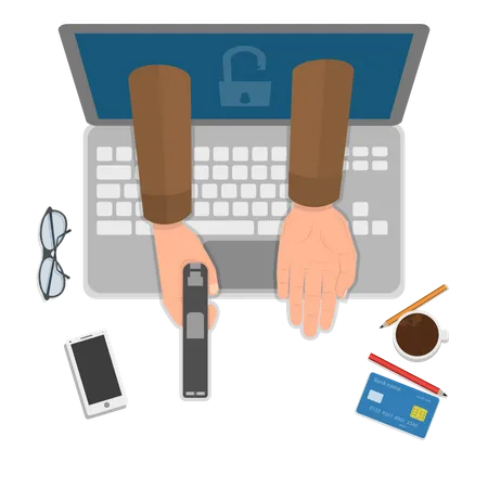 Cybercrime Flat Vector Concept Hands Of Robber With Gun Appeared From Laptops Screen Illustration